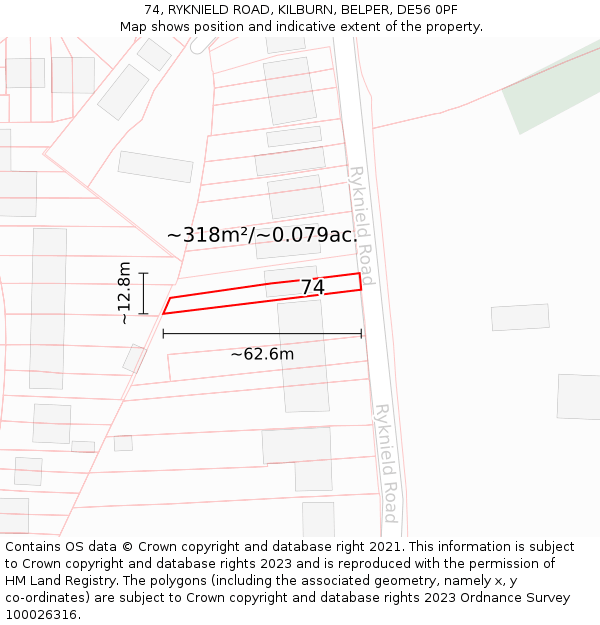 74, RYKNIELD ROAD, KILBURN, BELPER, DE56 0PF: Plot and title map