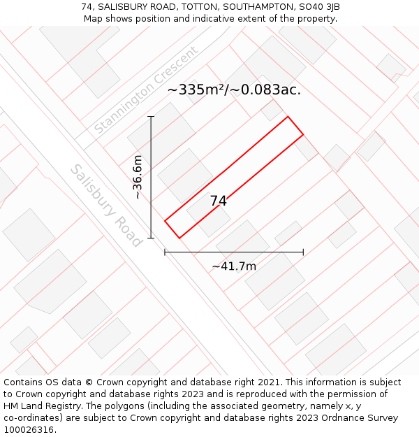 74, SALISBURY ROAD, TOTTON, SOUTHAMPTON, SO40 3JB: Plot and title map