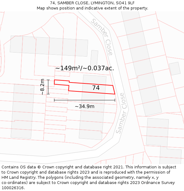 74, SAMBER CLOSE, LYMINGTON, SO41 9LF: Plot and title map