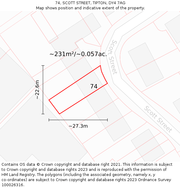 74, SCOTT STREET, TIPTON, DY4 7AG: Plot and title map