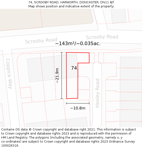 74, SCROOBY ROAD, HARWORTH, DONCASTER, DN11 8JT: Plot and title map