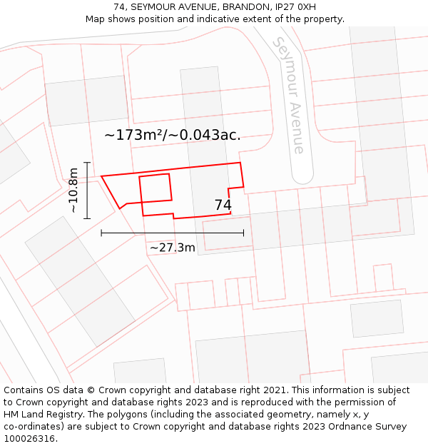 74, SEYMOUR AVENUE, BRANDON, IP27 0XH: Plot and title map