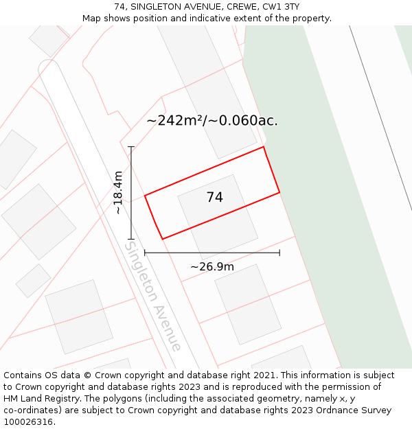 74, SINGLETON AVENUE, CREWE, CW1 3TY: Plot and title map