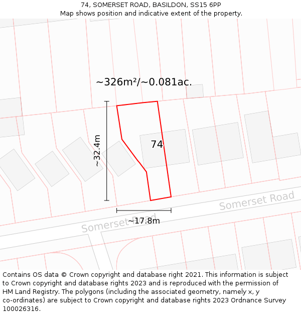 74, SOMERSET ROAD, BASILDON, SS15 6PP: Plot and title map