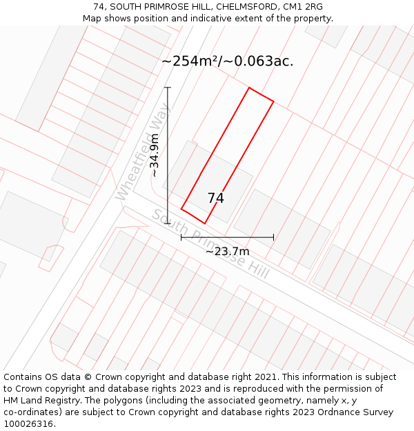 74, SOUTH PRIMROSE HILL, CHELMSFORD, CM1 2RG: Plot and title map