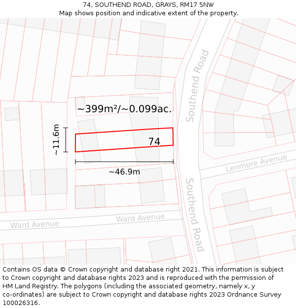 74, SOUTHEND ROAD, GRAYS, RM17 5NW: Plot and title map