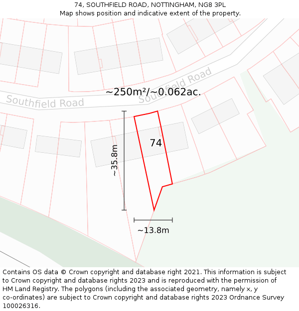 74, SOUTHFIELD ROAD, NOTTINGHAM, NG8 3PL: Plot and title map