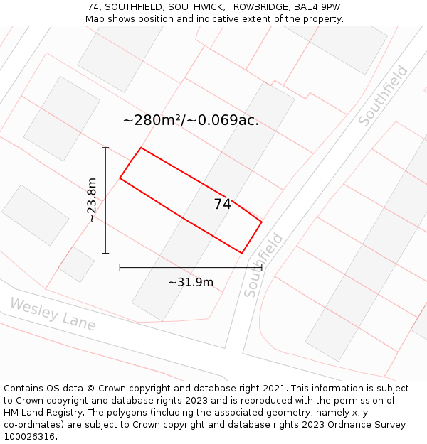 74, SOUTHFIELD, SOUTHWICK, TROWBRIDGE, BA14 9PW: Plot and title map