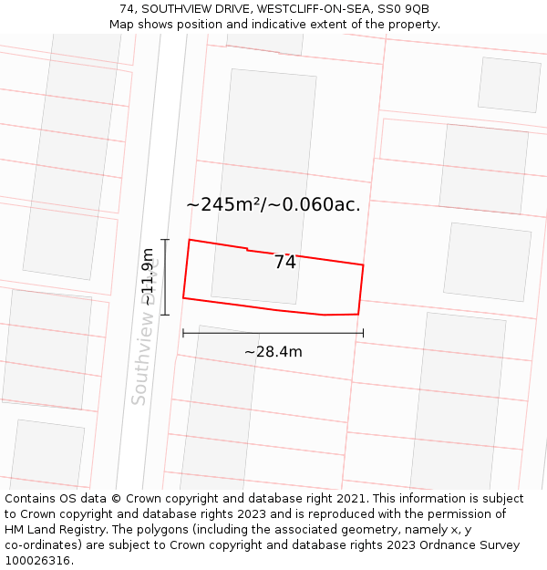 74, SOUTHVIEW DRIVE, WESTCLIFF-ON-SEA, SS0 9QB: Plot and title map