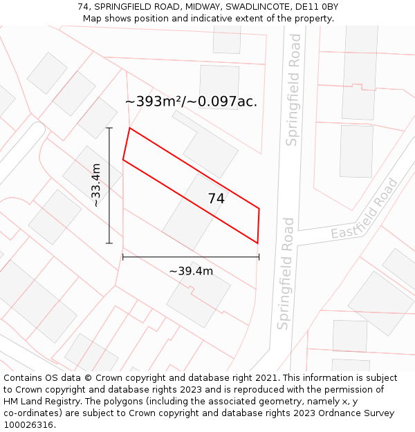 74, SPRINGFIELD ROAD, MIDWAY, SWADLINCOTE, DE11 0BY: Plot and title map