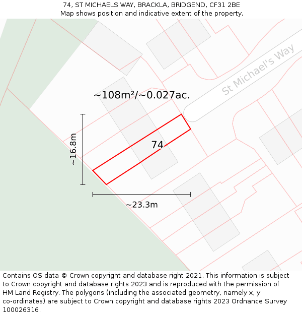 74, ST MICHAELS WAY, BRACKLA, BRIDGEND, CF31 2BE: Plot and title map
