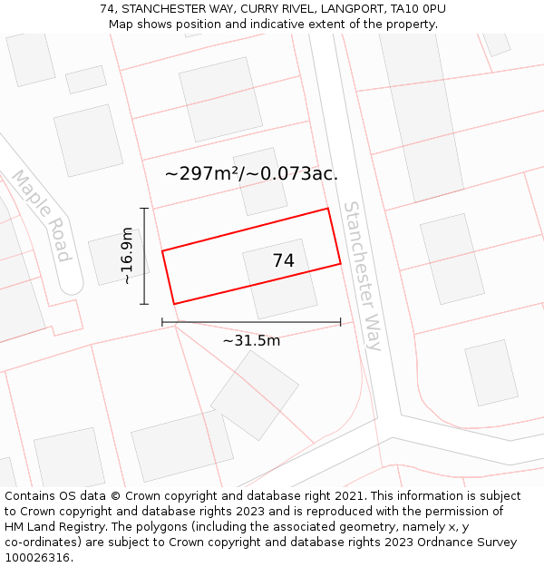 74, STANCHESTER WAY, CURRY RIVEL, LANGPORT, TA10 0PU: Plot and title map