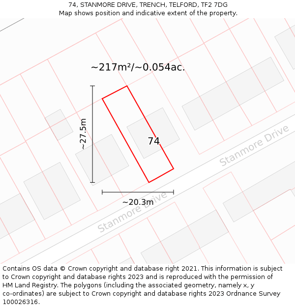 74, STANMORE DRIVE, TRENCH, TELFORD, TF2 7DG: Plot and title map
