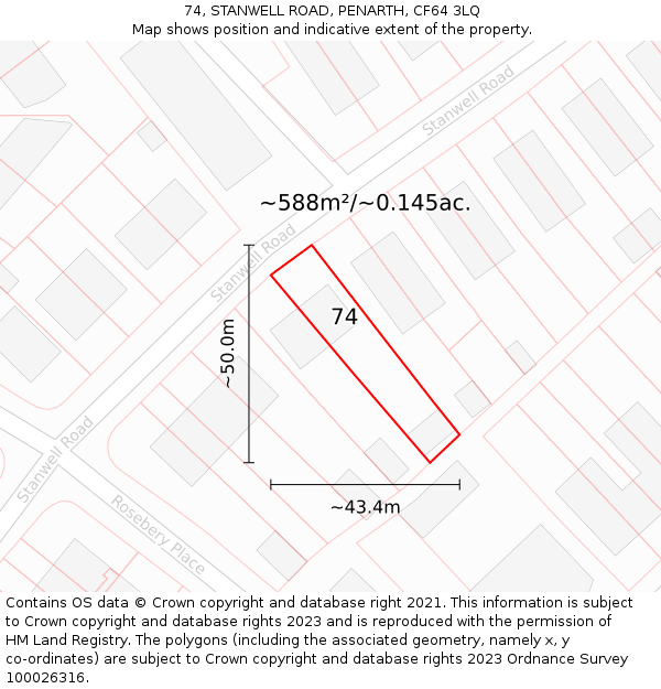 74, STANWELL ROAD, PENARTH, CF64 3LQ: Plot and title map