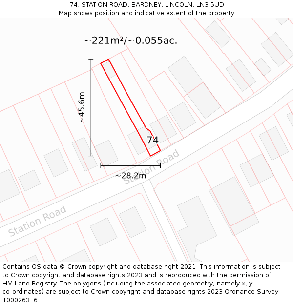 74, STATION ROAD, BARDNEY, LINCOLN, LN3 5UD: Plot and title map