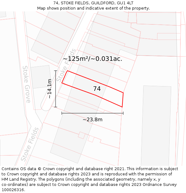 74, STOKE FIELDS, GUILDFORD, GU1 4LT: Plot and title map