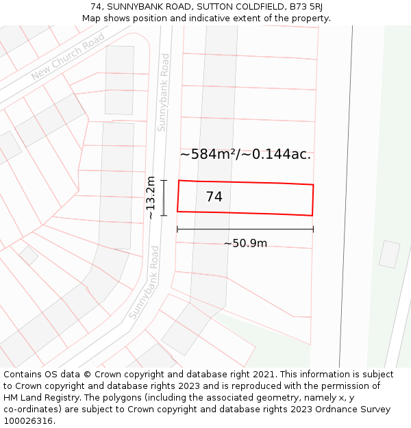 74, SUNNYBANK ROAD, SUTTON COLDFIELD, B73 5RJ: Plot and title map