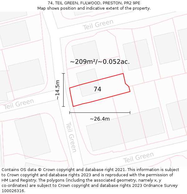 74, TEIL GREEN, FULWOOD, PRESTON, PR2 9PE: Plot and title map