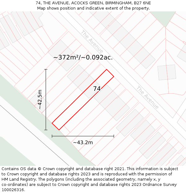 74, THE AVENUE, ACOCKS GREEN, BIRMINGHAM, B27 6NE: Plot and title map