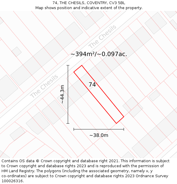 74, THE CHESILS, COVENTRY, CV3 5BL: Plot and title map
