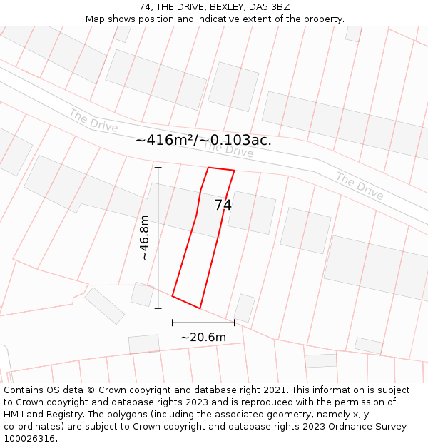 74, THE DRIVE, BEXLEY, DA5 3BZ: Plot and title map