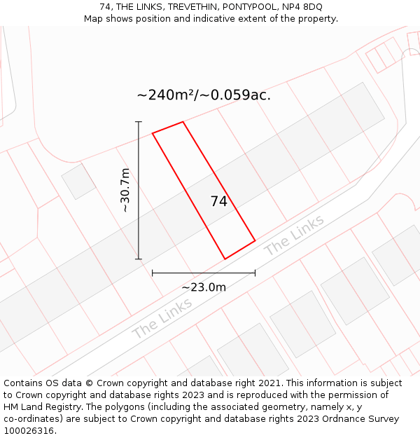 74, THE LINKS, TREVETHIN, PONTYPOOL, NP4 8DQ: Plot and title map