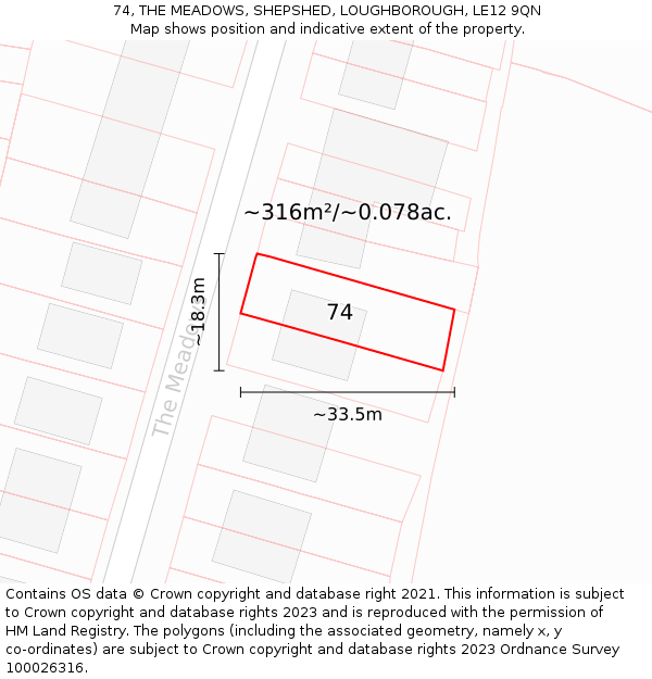 74, THE MEADOWS, SHEPSHED, LOUGHBOROUGH, LE12 9QN: Plot and title map
