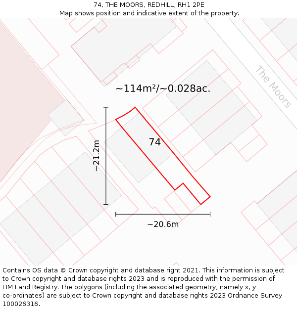 74, THE MOORS, REDHILL, RH1 2PE: Plot and title map