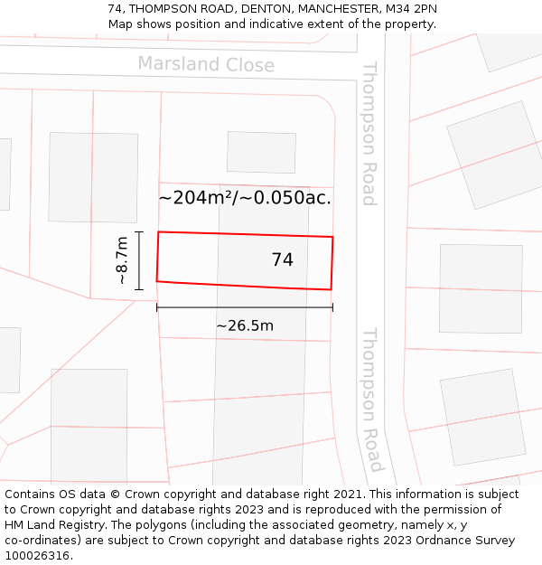 74, THOMPSON ROAD, DENTON, MANCHESTER, M34 2PN: Plot and title map