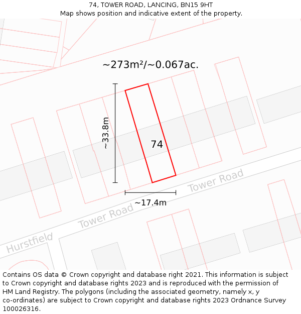 74, TOWER ROAD, LANCING, BN15 9HT: Plot and title map