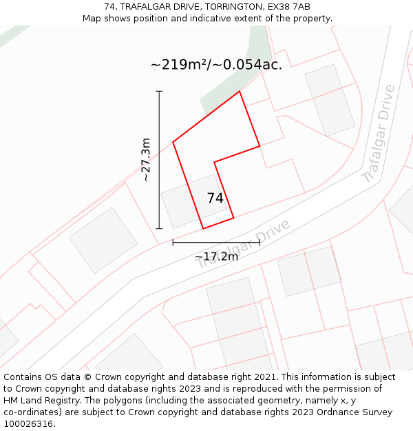 74, TRAFALGAR DRIVE, TORRINGTON, EX38 7AB: Plot and title map