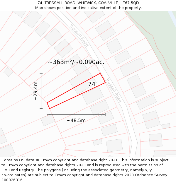 74, TRESSALL ROAD, WHITWICK, COALVILLE, LE67 5QD: Plot and title map