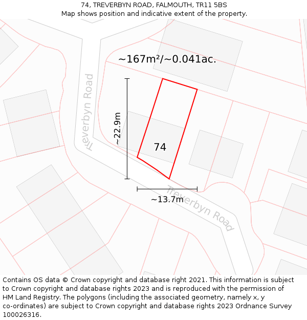 74, TREVERBYN ROAD, FALMOUTH, TR11 5BS: Plot and title map