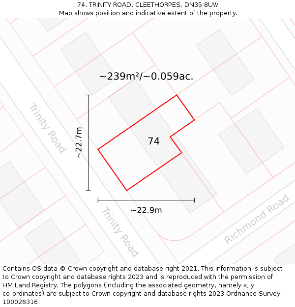 74, TRINITY ROAD, CLEETHORPES, DN35 8UW: Plot and title map