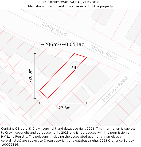 74, TRINITY ROAD, WIRRAL, CH47 2BZ: Plot and title map