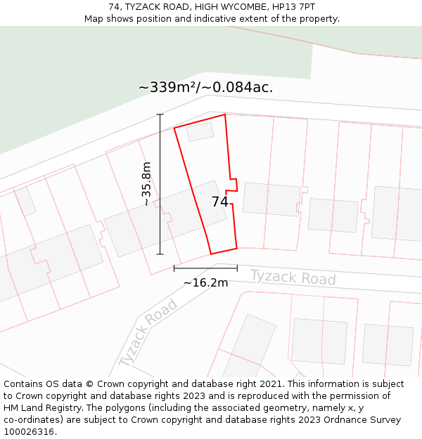 74, TYZACK ROAD, HIGH WYCOMBE, HP13 7PT: Plot and title map