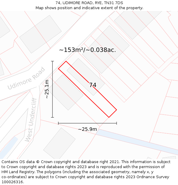 74, UDIMORE ROAD, RYE, TN31 7DS: Plot and title map