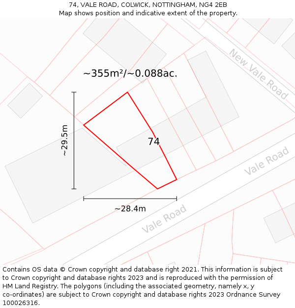 74, VALE ROAD, COLWICK, NOTTINGHAM, NG4 2EB: Plot and title map