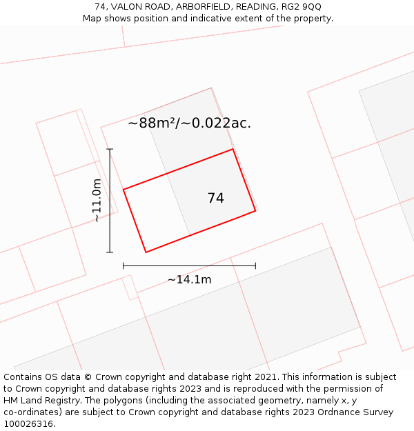 74, VALON ROAD, ARBORFIELD, READING, RG2 9QQ: Plot and title map