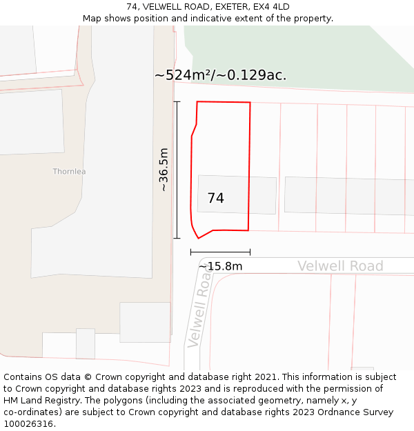74, VELWELL ROAD, EXETER, EX4 4LD: Plot and title map
