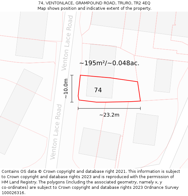 74, VENTONLACE, GRAMPOUND ROAD, TRURO, TR2 4EQ: Plot and title map