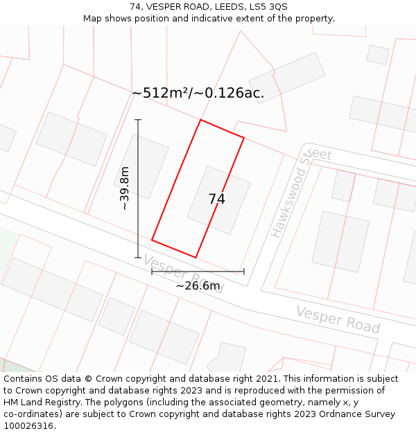 74, VESPER ROAD, LEEDS, LS5 3QS: Plot and title map