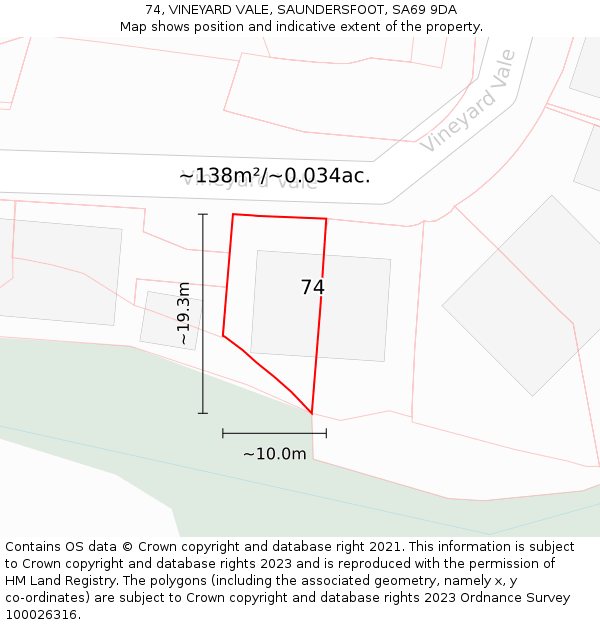 74, VINEYARD VALE, SAUNDERSFOOT, SA69 9DA: Plot and title map