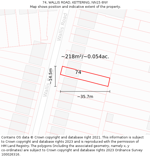74, WALLIS ROAD, KETTERING, NN15 6NY: Plot and title map