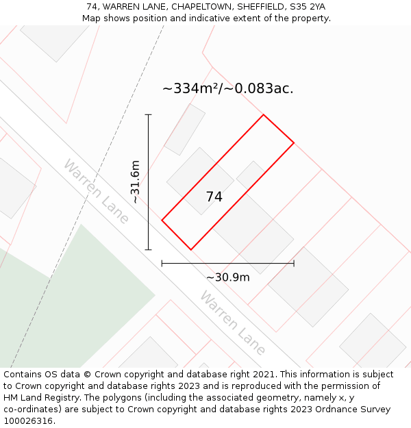 74, WARREN LANE, CHAPELTOWN, SHEFFIELD, S35 2YA: Plot and title map