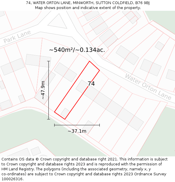 74, WATER ORTON LANE, MINWORTH, SUTTON COLDFIELD, B76 9BJ: Plot and title map