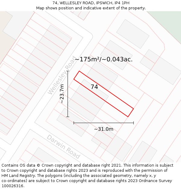 74, WELLESLEY ROAD, IPSWICH, IP4 1PH: Plot and title map