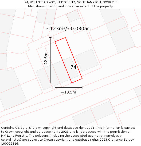 74, WELLSTEAD WAY, HEDGE END, SOUTHAMPTON, SO30 2LE: Plot and title map