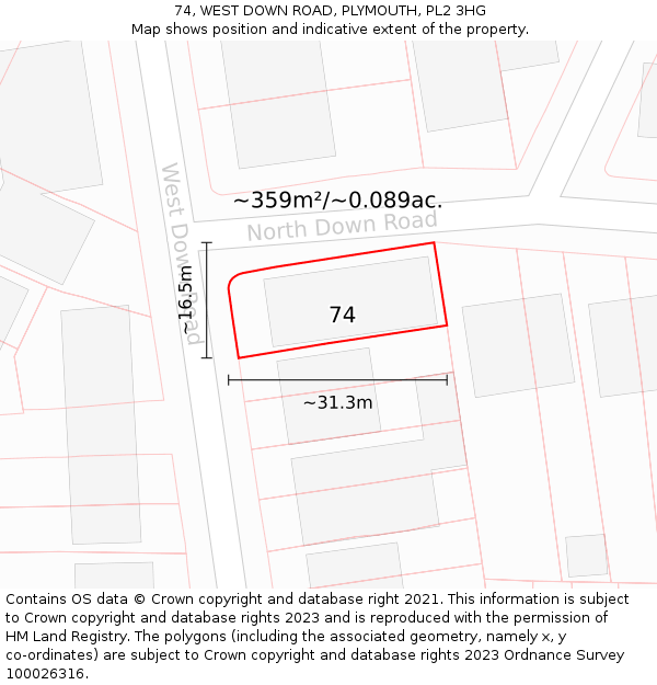 74, WEST DOWN ROAD, PLYMOUTH, PL2 3HG: Plot and title map