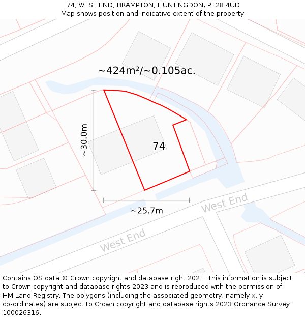 74, WEST END, BRAMPTON, HUNTINGDON, PE28 4UD: Plot and title map